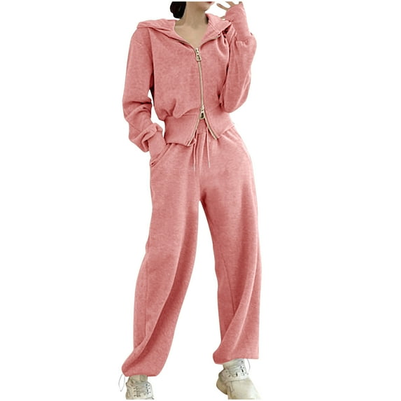 UAMVSH Womens Hoodie 2 Piece Outfits Full Zip Cropped Hooded Jackets Baggy Sweatpants Loose Fit Lounge Sweatsuit Sets with Pockets(Large,Pink)