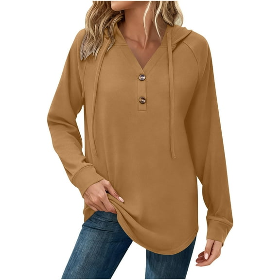UAMVSH Womens Hoodies Casual Button V Neck Tunic Pullover Tops Comfy Loose Fit Drawstring Long Sleeve Shirts Fall Outfits