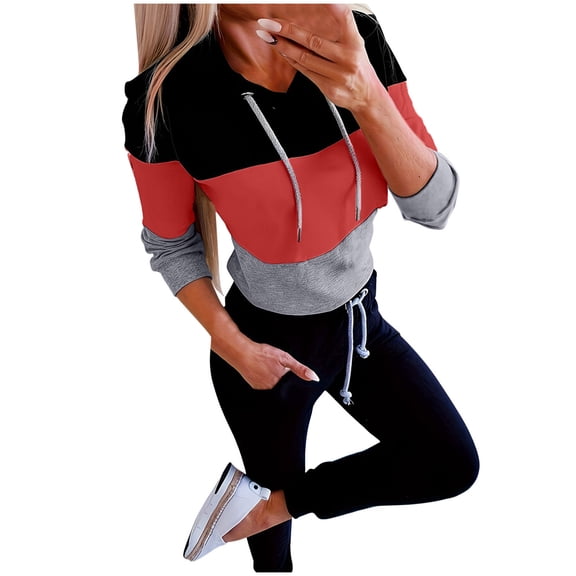 UAMVSH Womens Hoodies Fall Fashion Color Block Pullover Tops Loose Drawstring Fall Outfits Sweatshirt