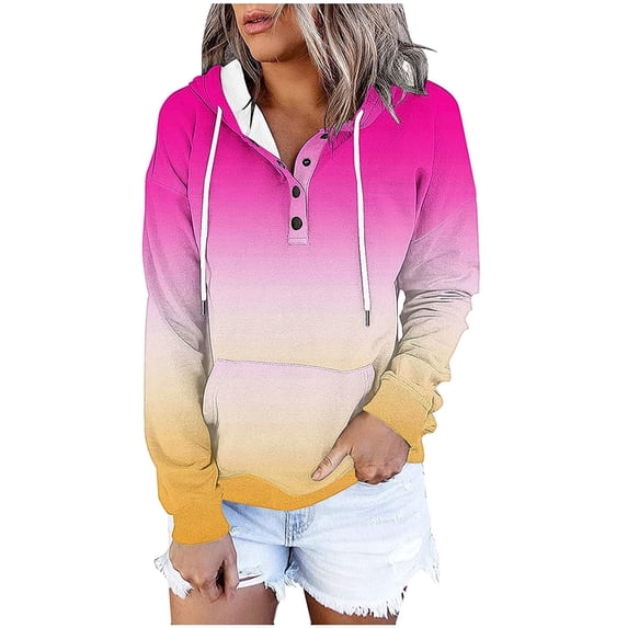 UAMVSH Womens Hoodies Gradient Button V Neck Sweatshirt Loose Casual Long Sleeve Drawstring Pullover Tops with Pocket Trendy Fall Clothes