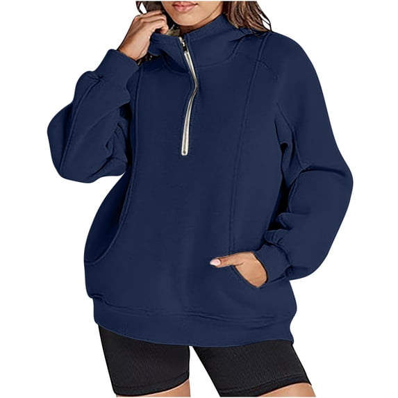 UAMVSH Womens Hoodies Long Sleeve Oversized Half Zip Pullover Fall Winter Casual Stand Collared Hooded Sweatshirt with Pockets