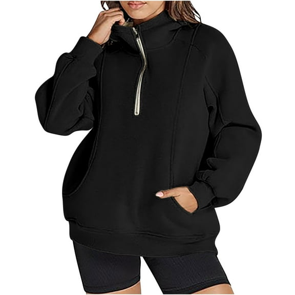 UAMVSH Womens Hoodies Long Sleeve Oversized Half Zip Pullover Fall Winter Casual Stand Collared Hooded Sweatshirt with Pockets