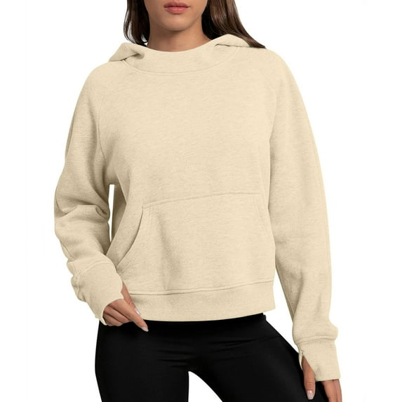 UAMVSH Womens Hoodies Oversized Solid Color Basic Hooded Sweatshirts Classic Fall Long Sleeve Pullover with Thumb Hole(Medium,Beige)