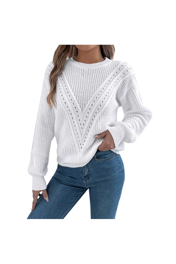 Womens Knitted Sweaters Cute Elegant Soft Crew Neck Sweaters Classic Long Sleeve Hollow Cable Knitwear Pullover Tops(Large,White)