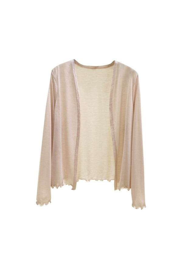 Womens Lightweight Cardigans Summer Fall Thin Cover Ups Ruffle Hem Long Sleeve Tops Classic Open Front Baggy Dusters(Medium,Pink)