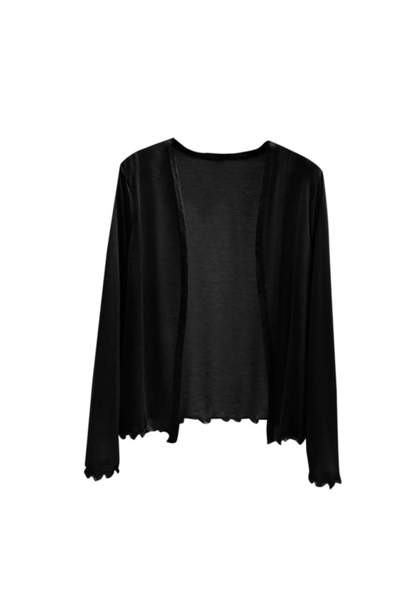 Womens Lightweight Cardigans Summer Fall Thin Cover Ups Ruffle Hem Long Sleeve Tops Classic Open Front Baggy Dusters(X-Large,Black)