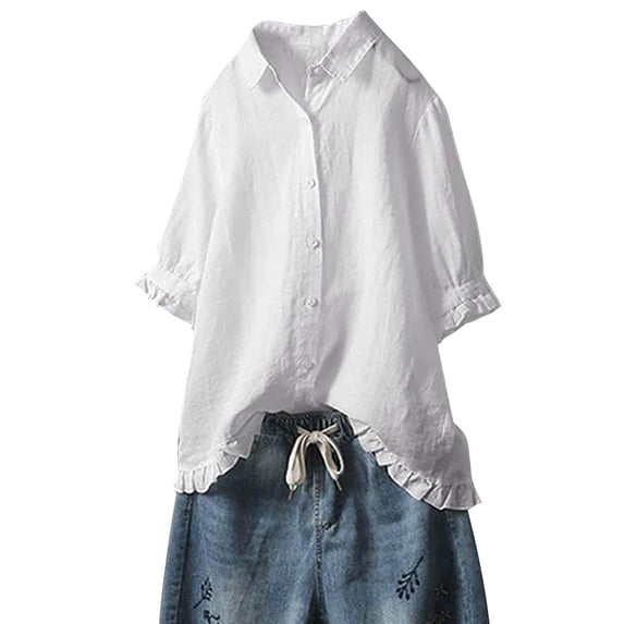 UAMVSH Womens Linen Button Down Shirt Ruffled 3/4 Sleeve Cotton Tops Plus Size Casual Lapel Blouse for Summer Beach Vacation S-5XL
