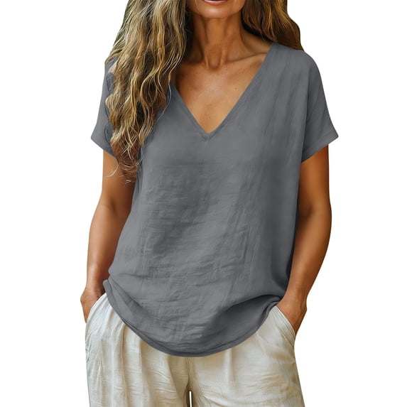 UAMVSH Womens Linen Shirts V Neck Short Sleeve Tops Casual Summer Loose Fit Beach Shirts Soft Cotton Basic Tees Vacation Outfits