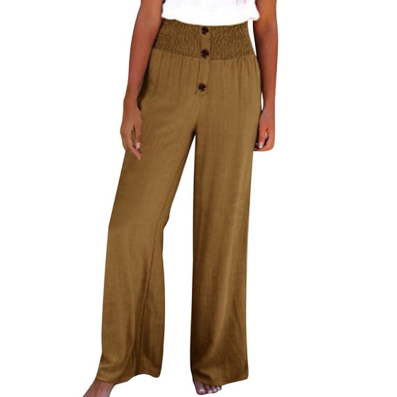 UAMVSH Womens Linen Wide Leg Pants Comfy Button High Waisted Palazzo Pants Flowy Loose Lounge Trousers for Beach Vacation