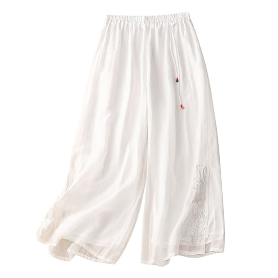 UAMVSH Womens Linen Wide Leg Pants Side Split Embroidery Flowy Pants Breathable Casual Baggy Pants with Drawstring