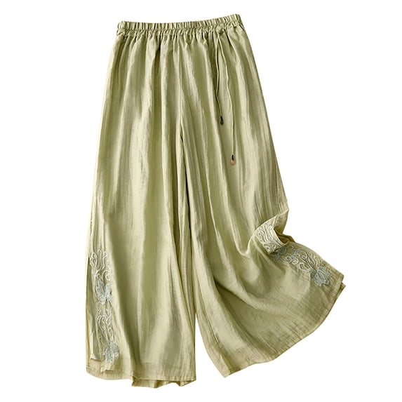 UAMVSH Womens Linen Wide Leg Pants Side Split Embroidery Flowy Pants Breathable Casual Baggy Pants with Drawstring