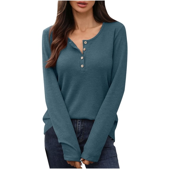 UAMVSH Womens Long Sleeve Henley Shirts Dressy Casual Blouses Fall Fashion Clothes Loose Fit Button V Neck Tunic Tops