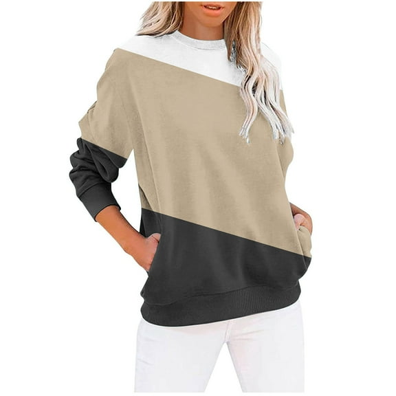 UAMVSH Womens Long Sleeve Sweatshirts Oversized Casual Lightweight Crew Neck Pullover Tops Trendy Color Block Tee Tops with Pockets(Small,Khaki)
