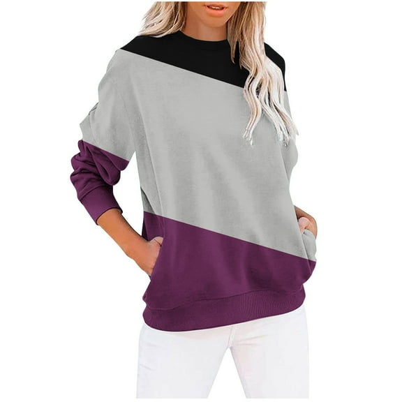UAMVSH Womens Long Sleeve Sweatshirts Oversized Casual Lightweight Crew Neck Pullover Tops Trendy Color Block Tee Tops with Pockets(X-Large,Purple)