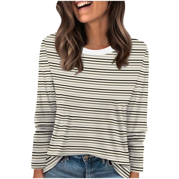 UAMVSH Womens Long Sleeve Tops Soft Crewneck Striped Tunic Shirts Fall Outfits Comfy Casual Basic Tees Fashion Clothing