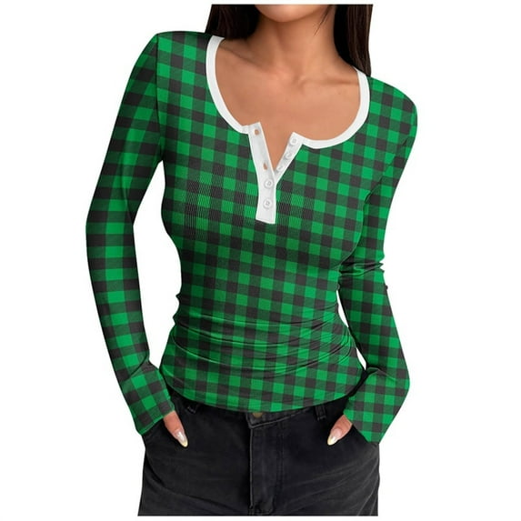 UAMVSH Womens Long Sleeve Tops Trendy Ribbed Knit Plaid Henley Shirts Slim Fit Casual Soft Basic Tees Going Out Outfits