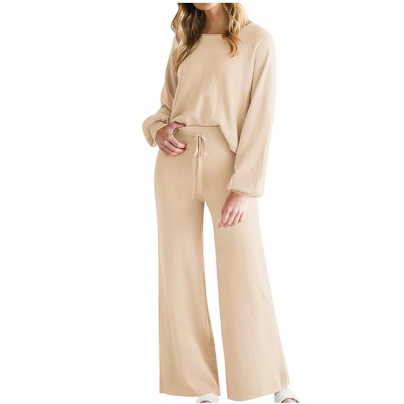 UAMVSH Womens Lounge Set 2 Piece Oversized Long Sleeve Tops Wide Leg Pants Matching Set Dressy Casual Crewneck Work Office Outfits