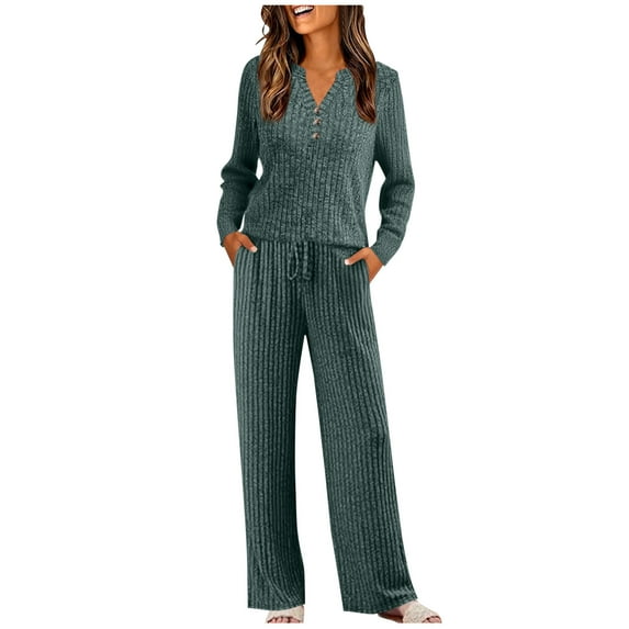 UAMVSH Womens Lounge Sets 2 Piece Ribbed Knit Long Sleeve Tops Matching Wide Leg Pants Set Casual Button V Neck Sweatsuits with Pockets