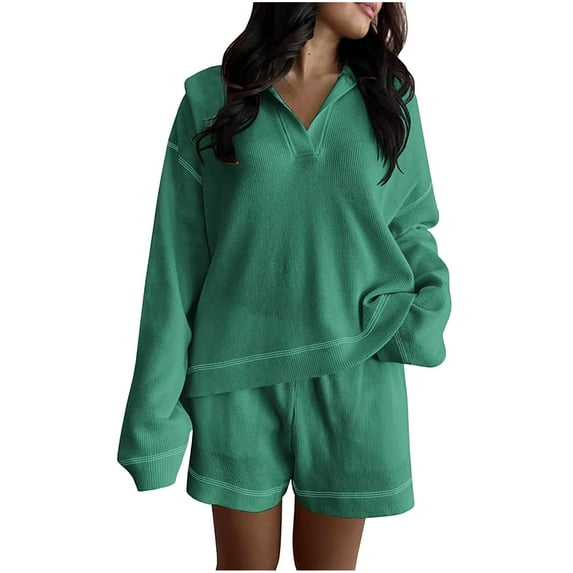 UAMVSH Womens Lounge Sets Oversized Sweatshirts Matching Sets Long Sleeve Pullover Tops and Shorts with Pockets Comfy Tracksuit Outfits(Large,Green)