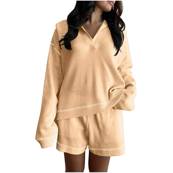 UAMVSH Womens Lounge Sets Oversized Sweatshirts Matching Sets Long Sleeve Pullover Tops and Shorts with Pockets Comfy Tracksuit Outfits(Medium,Khaki)