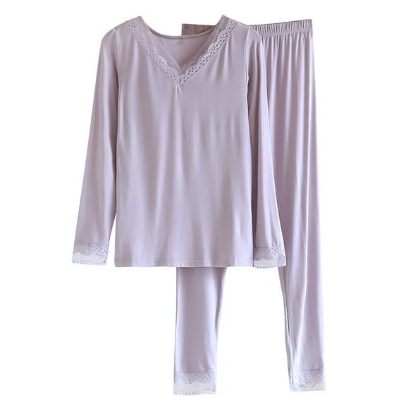 UAMVSH Womens Loungewear Set Casual Long Sleeve V Neck Tops and Pants Pajama Set Comfy Soft Lace Trim Pj Set 2 Piece Outfits