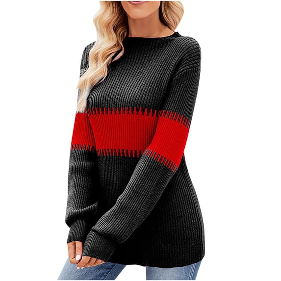 UAMVSH Womens Mid-Length Knitted Sweaters Fashion Color Block Crew Neck Long Sleeve Knitwear Pullover Sweaters Tops Fall Trendy Clothes(Large,Red)