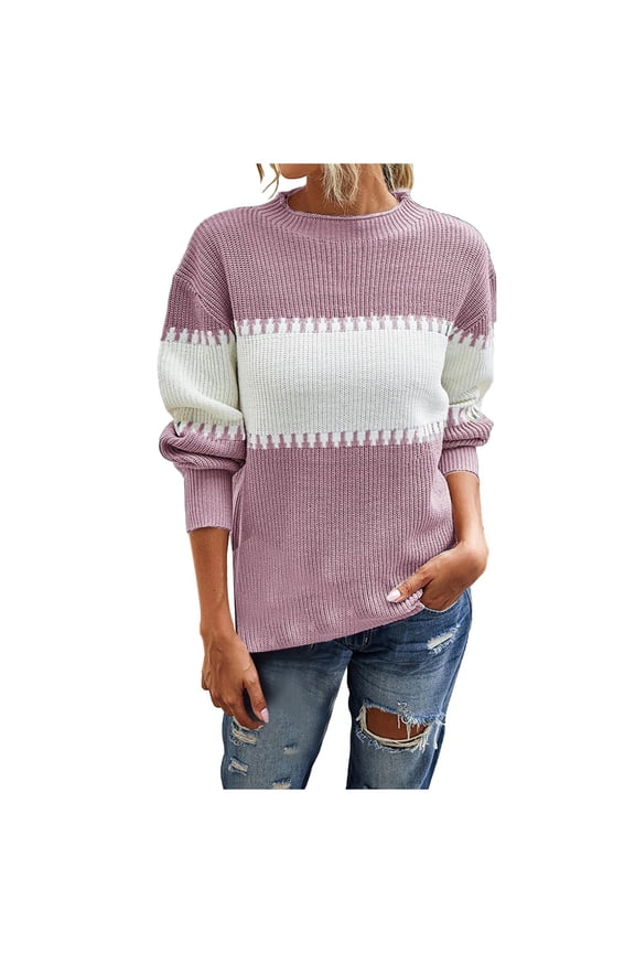Womens Mid-Length Knitted Sweaters Fashion Color Block Crew Neck Long Sleeve Knitwear Pullover Sweaters Tops Fall Trendy Clothes(Medium,Pink 1)