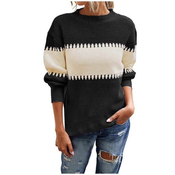 UAMVSH Womens Mid-Length Knitted Sweaters Fashion Color Block Crew Neck Long Sleeve Knitwear Pullover Sweaters Tops Fall Trendy Clothes(Small,Black 1)