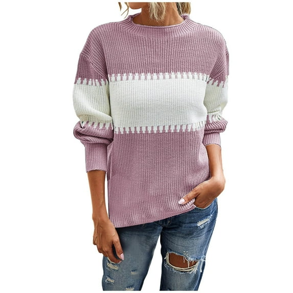 UAMVSH Womens Mid-Length Knitted Sweaters Fashion Color Block Crew Neck Long Sleeve Knitwear Pullover Sweaters Tops Fall Trendy Clothes(X-Large,Pink 1)