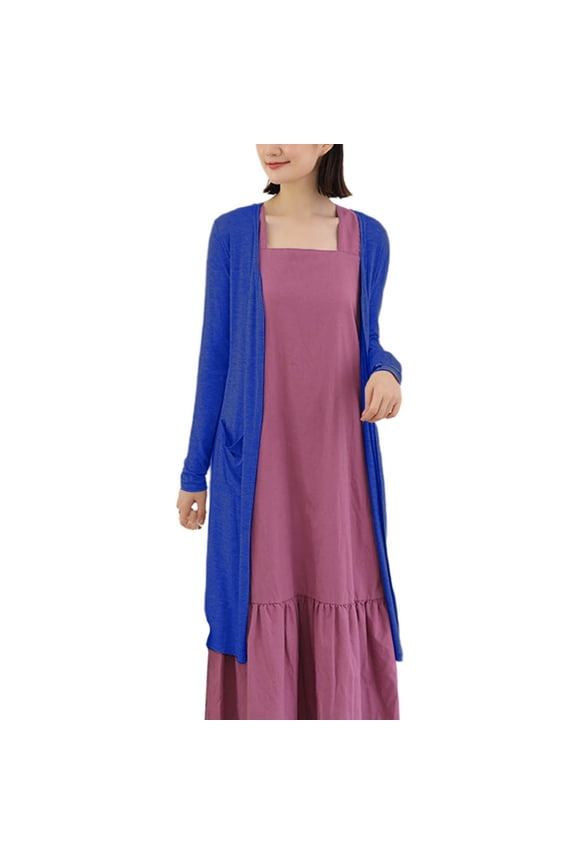 Womens Open Front Lightweight Cardigans Baggy Long Sleeve Vacation Work Outwear Casual Stretch Long Dusters with Pockets(Free Size,Blue)