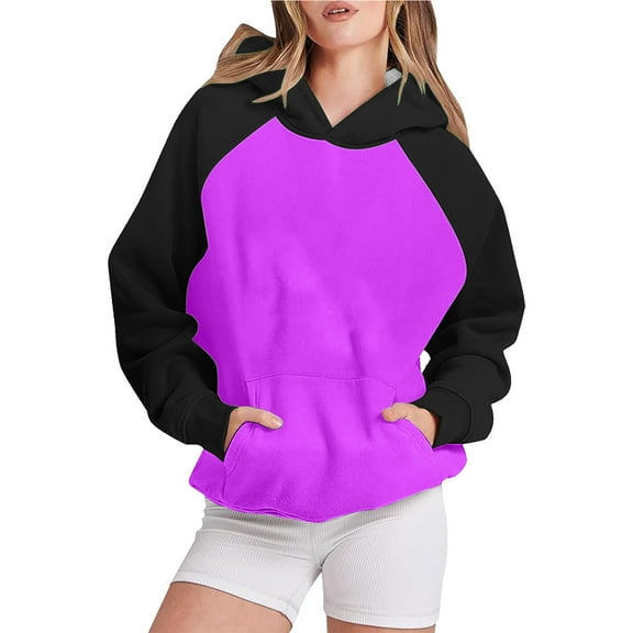 UAMVSH Womens Oversized Hoodies Fall Trendy Color Block Hooded Sweatshirts Casual Long Sleeve Pullover Top Fall Fashion Clothes(Small,Purple)
