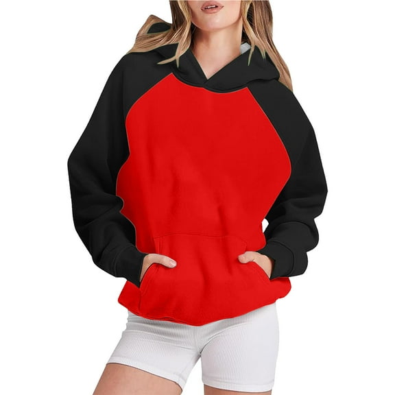 UAMVSH Womens Oversized Hoodies Fall Trendy Color Block Hooded Sweatshirts Casual Long Sleeve Pullover Top Fall Fashion Clothes(Small,Red)
