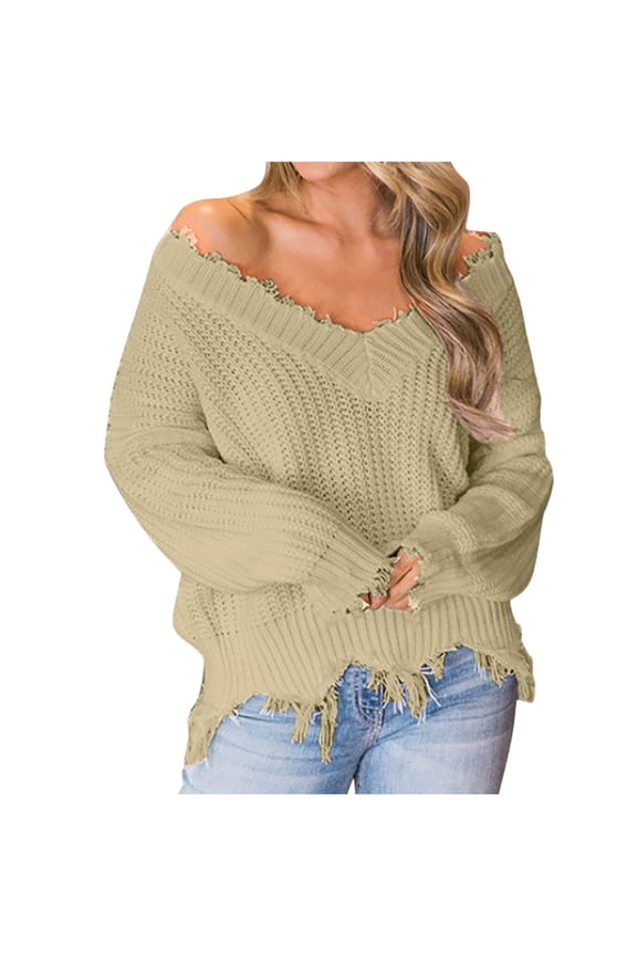 Womens Oversized Long Sleeve Sweaters Fall Loose Fit V-Neck Pullover Tops Ripped Hem Trendy Knitted Sweater Ladies Fashion(Small,Khaki)