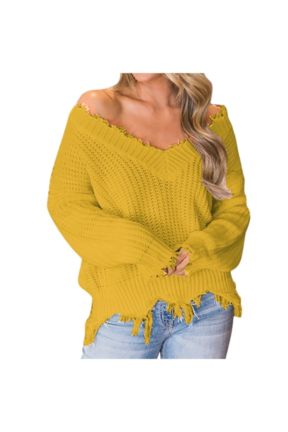 Womens Oversized Long Sleeve Sweaters Fall Loose Fit V-Neck Pullover Tops Ripped Hem Trendy Knitted Sweater Ladies Fashion(Small,Yellow)