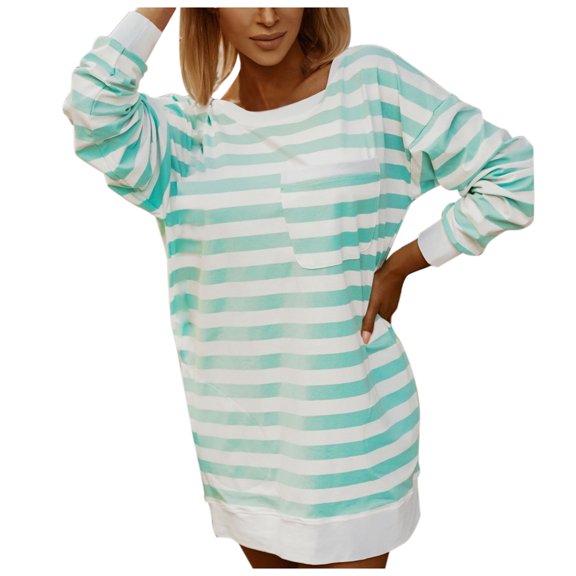 UAMVSH Womens Oversized Striped Long Sleeve Tops with Pocket Crew Neck Casual Shirts Fashion Spring Basic Tops