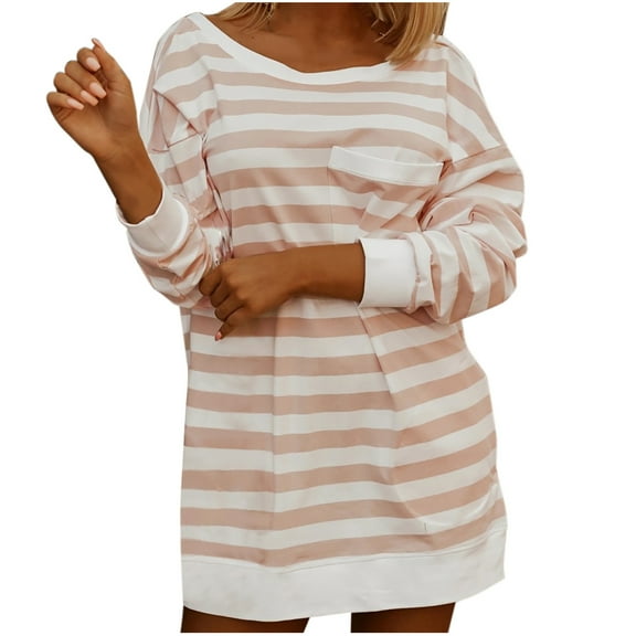 UAMVSH Womens Oversized Striped Long Sleeve Tops with Pocket Crew Neck Casual Shirts Fashion Spring Basic Tops
