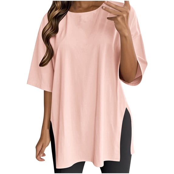 UAMVSH Womens Oversized Summer T Shirts Side Split Casual Short Sleeve Tops Round Neck Loose Fit Basic Tees for Gym Workout