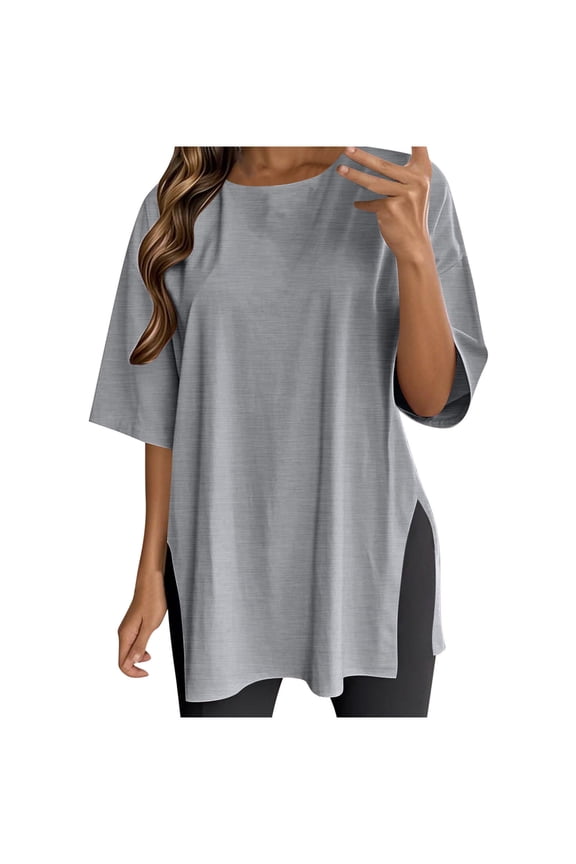 Womens Oversized Summer T Shirts Side Split Casual Short Sleeve Tops Round Neck Loose Fit Basic Tees for Gym Workout