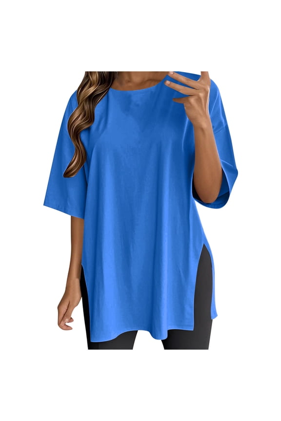 Womens Oversized Summer T Shirts Side Split Casual Short Sleeve Tops Round Neck Loose Fit Basic Tees for Gym Workout