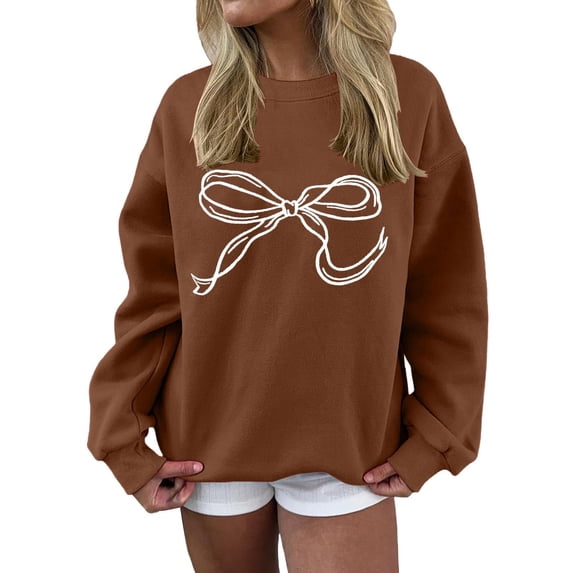UAMVSH Womens Oversized Sweatshirt Bow Print Long Sleeve Tops Casual Loose Fit Crewneck Pullover Shirts Fall Fashion Outfits