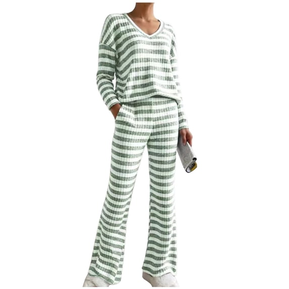 UAMVSH Womens Pajama Sets 2 Piece Outfits Color Block V Neck Long Sleeve Shirts Matching Wide Leg Pants Set Comfy Loungewear with Pockets