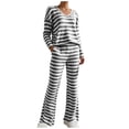 thumbnail image 1 of UAMVSH Womens Pajama Sets 2 Piece Outfits Color Block V Neck Long Sleeve Shirts Matching Wide Leg Pants Set Comfy Loungewear with Pockets, 1 of 6