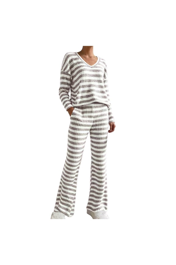 Womens Pajama Sets 2 Piece Outfits Color Block V Neck Long Sleeve Shirts Matching Wide Leg Pants Set Comfy Loungewear with Pockets