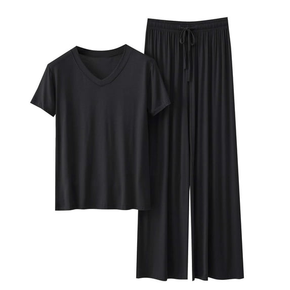 UAMVSH Womens Pajama Sets 2 Piece Short Sleeve Sleepwear V Neck Tops and Drawstring Pants Loungewear Set Comfy Soft Pjs Set