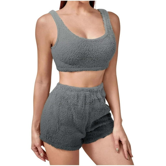 UAMVSH Womens Pajama Sets Gradient Sleeveless Crop Tops and Shorts Set Lightweight Fleece Warm Loungewear Two Piece Outfits