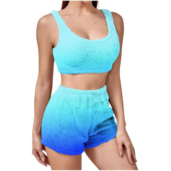 UAMVSH Womens Pajama Sets Gradient Sleeveless Crop Tops and Shorts Set Lightweight Fleece Warm Loungewear Two Piece Outfits