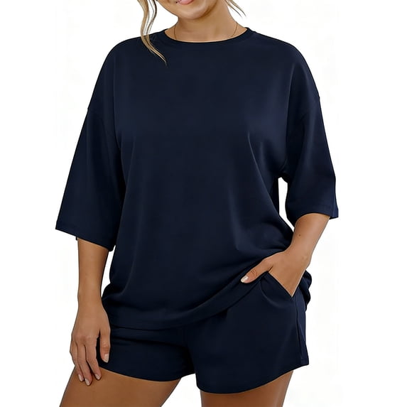 UAMVSH Womens Pajamas 2 Piece Short Sleeve Sleepwear Soft Crewneck Side Split Oversized T Shirt and Shorts Pjs Set Comfy Clothes