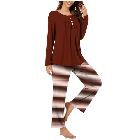 UAMVSH Womens Pajamas Sets Long Sleeve Button Crew Neck Sleepwear Pullover and Loungewear Bottoms Pleated Two Piece Lounge Outfits(MediumWatermelon Red 3)