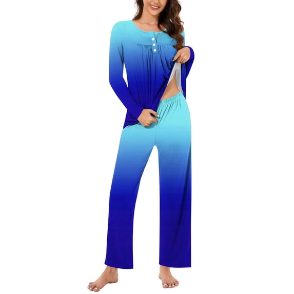UAMVSH Womens Pajamas Sets Long Sleeve Button Crew Neck Sleepwear Pullover and Loungewear Bottoms Pleated Two Piece Lounge Outfits(LargeBlue 4)