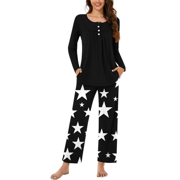 UAMVSH Womens Pajamas Sets Long Sleeve Button Crew Neck Sleepwear Pullover and Loungewear Bottoms Pleated Two Piece Lounge Outfits(SmallBlack 5)